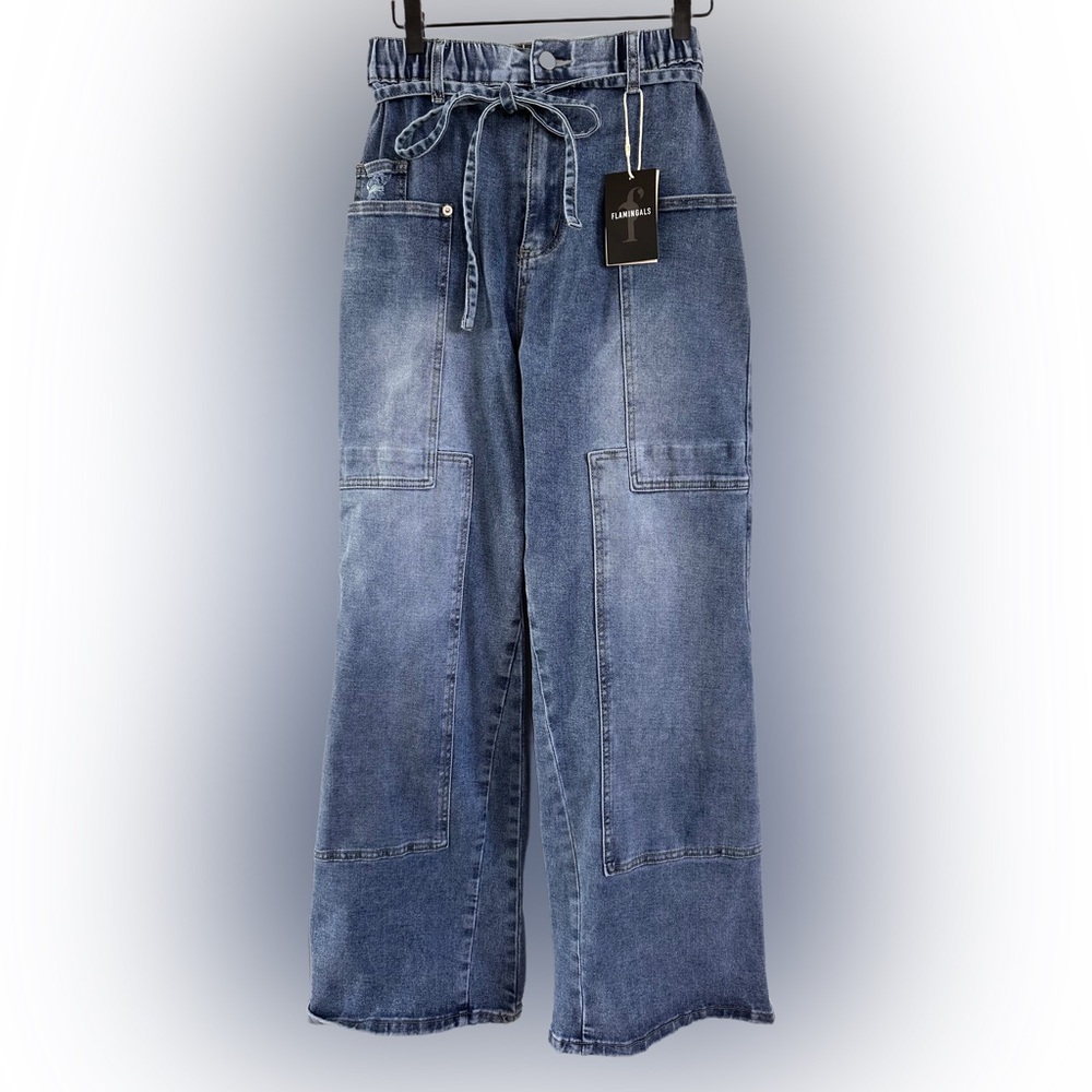 Denim Wide-Leg Jeans with Drawstring Waist - Picture 4 of 8